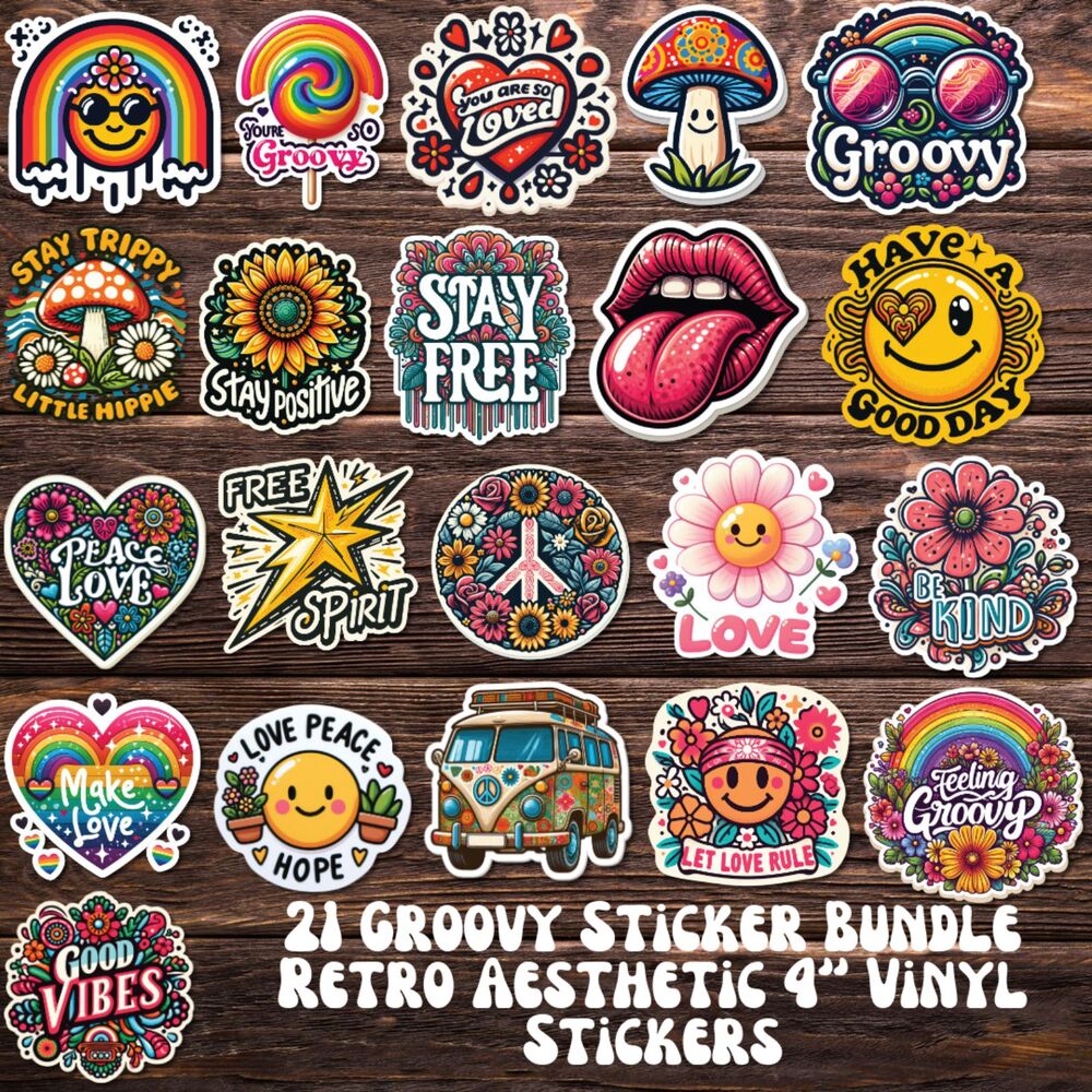 21 Groovy Sticker Bundle – Retro Aesthetic 4” Vinyl Stickers